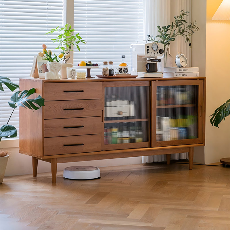 55.12"Solid Wood Cherry Wood brown Sideboard, 31.5" H x 55.12" W x 15.75" D