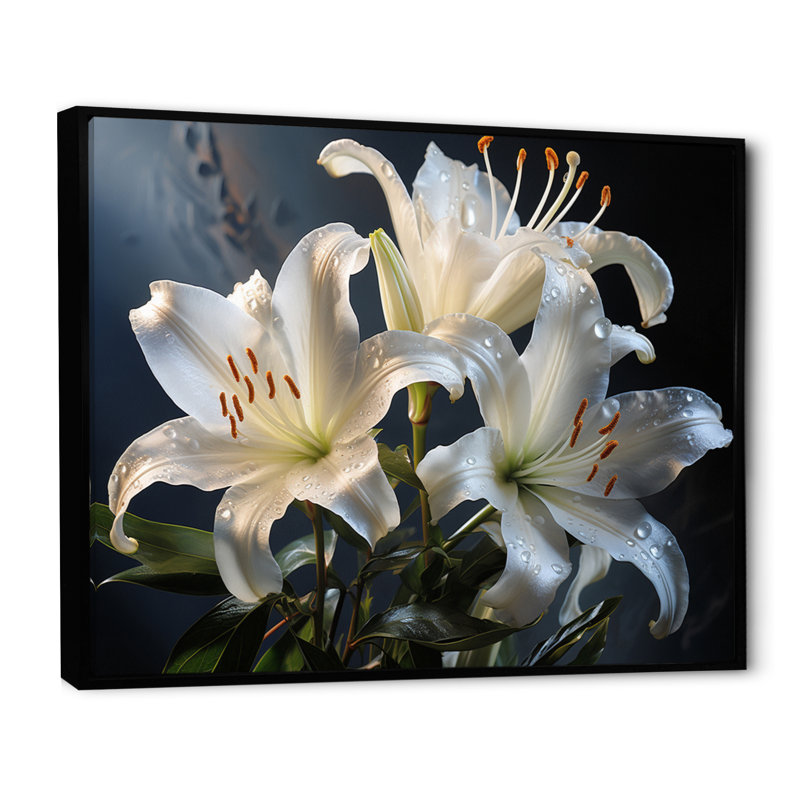 " Black White Lilies Elegance I ", Cadre flottant noir, H 24 po x l 32 po x P 1 po