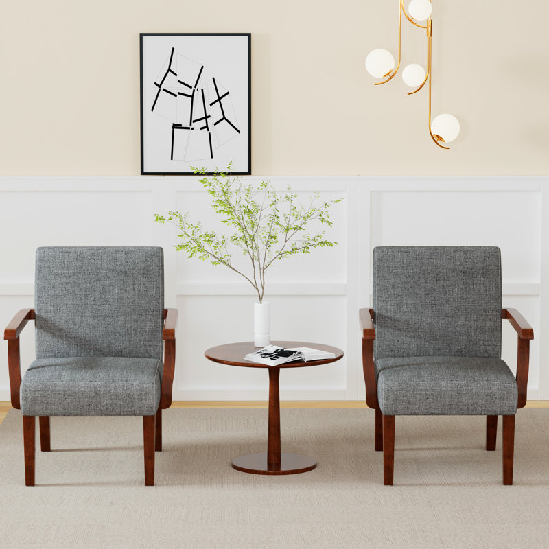 Classic Fabric Accent Arm Chair And Round Table - Grey Tone Contemporary With Solid Wood