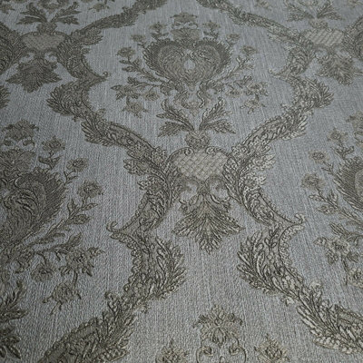 Embossed Gray Silver Bronze Brass Metallic Textured Victorian Damask Wallpaper