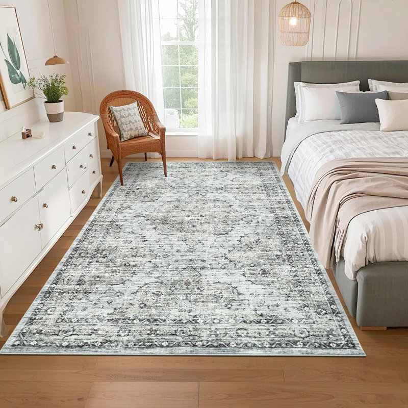 9x12 ft Washable Vintage Area Rug – Boho Distressed Floral Carpet with Non-Slip Backing for Living Room, Bedroom, Dining Room, Blue Brown