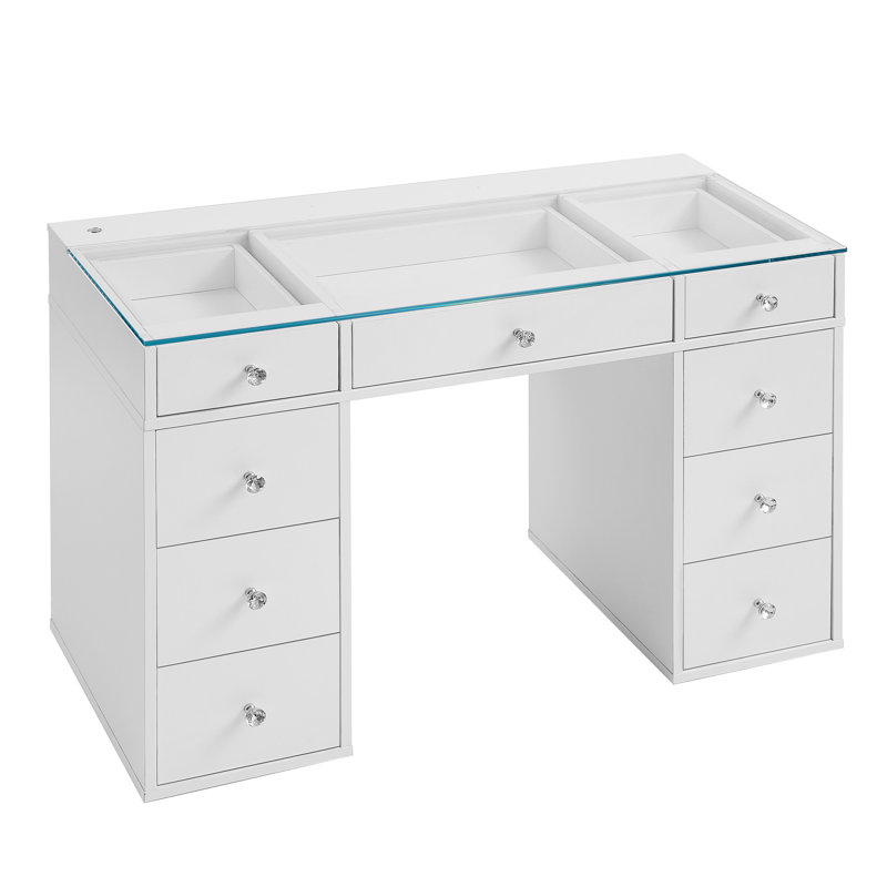 Table de coiffeuse pour enfants avec plateau de table à lumière DEL Slaystation, 7 tiroirs de rangement en faux cristal luxueux, plateau en verre transparent et éclairage tricolore