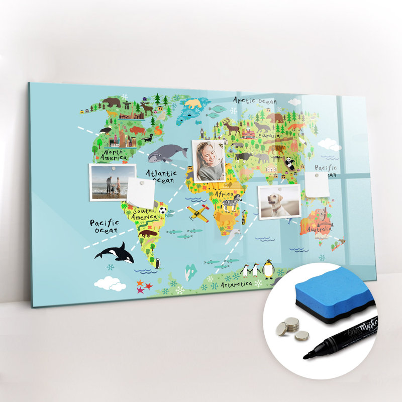 World Map with Animals Magnetic Wall Mounted Dry Erase Board