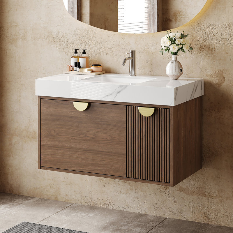 Meuble-lavabo simple 36 po avec comptoir en faux marbre, meuble-lavabo flottant avec lavabo, tiroir en U et bois massif multicouche