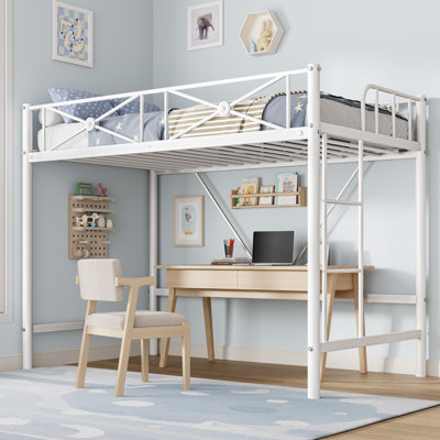  Structure de lit mezzanine simple en métal industriel très robuste, capacité de 400 lb, rails de sécurité, silencieux, idéal pour les enfants, les adolescents, les adultes, les dortoirs ou les chambres à coucher, blanc
