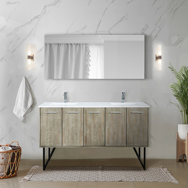 60 po X P 20 po D Ensemble de meuble-lavabo double rustique avec plateau en marbre de culture, ensemble de robinetterie Miroir