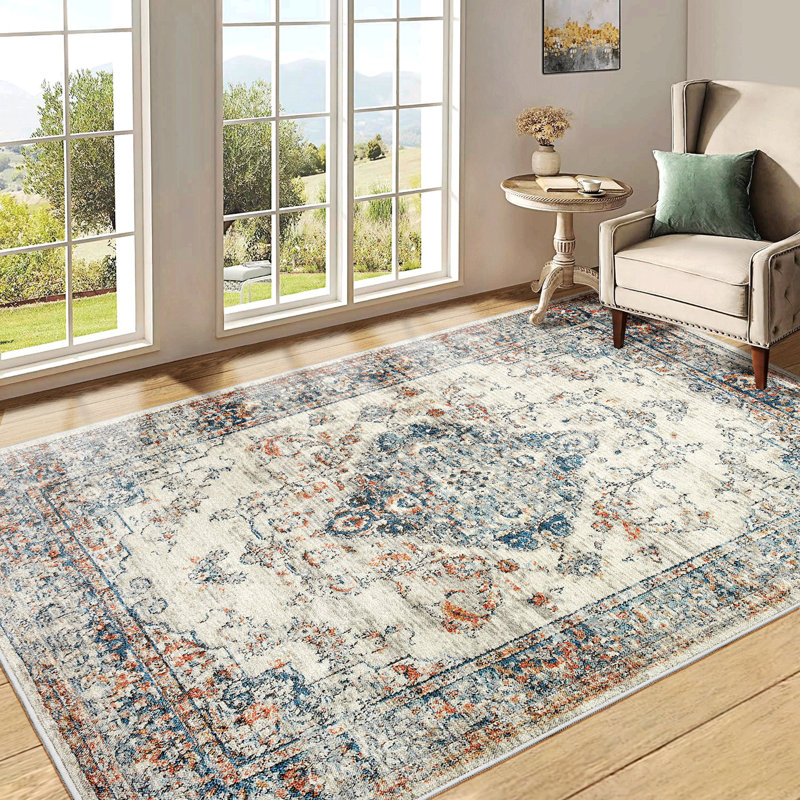 Area Rug,  5X7 Vintage Bohemia Large Persian Non-Slip Washable Rug For Living Room Kitchen Bedroom Living Room Flower Design