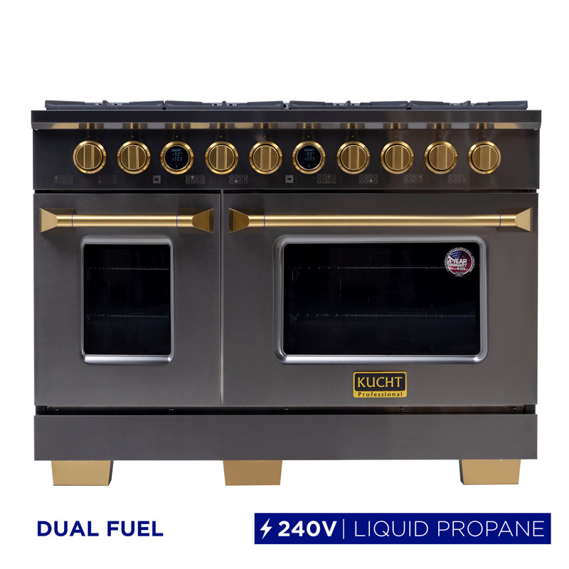 48 in. 6.7 cu. ft. 8 Burners Dual Fuel Range with Kucht Horus Thermostat, Stainless Steel/Gold, Liquid Propane