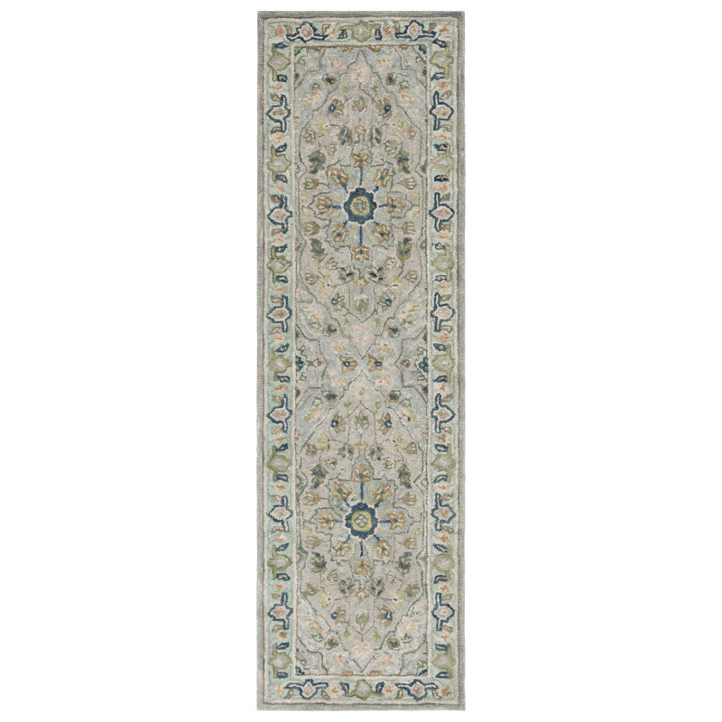 Tapis oriental en laine et coton bleu touffeté à la main Calai, Tapis de couloir 2 pi 3 po x 8 pi