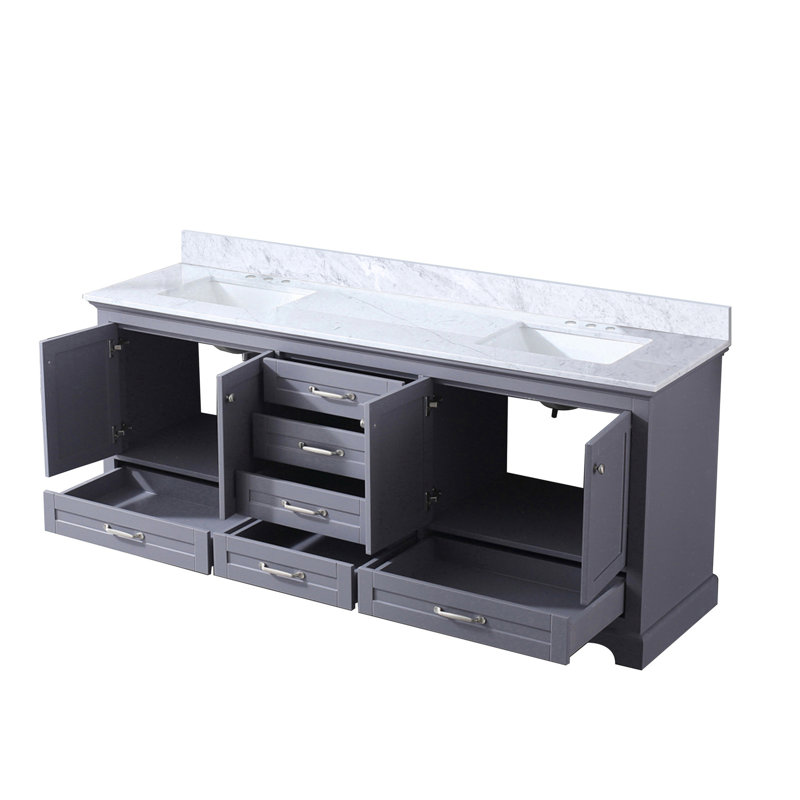 Gris foncé 80 po Meuble-lavabo avec comptoir en marbre - bois massif, fermeture en douceur, égratignure et teinture, 6 tiroirs, 2 armoires, espace de rangement avec tablette ouverte, cadre en bois de l 80 po, portes fermées, espace spacieux