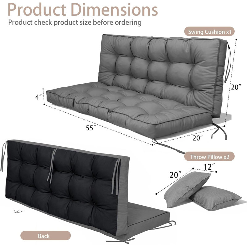Porch Swing Cushions, Waterproof & Fade Resistant Outdoor Swing Cushion 55 Inch, Swing Cushions 3 Seater Replacement For Outdoor Furniture, Patio, Garden (Dark Gray, 55 X 40 Inch)