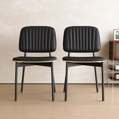 Mid-Century Modern Dining Chairs Set of 4, Upholstered Faux Leather Seat & Back, Wood Accent with Metal Legs, Side Chairs for Kitchen, Dining Room & Living Room, Black