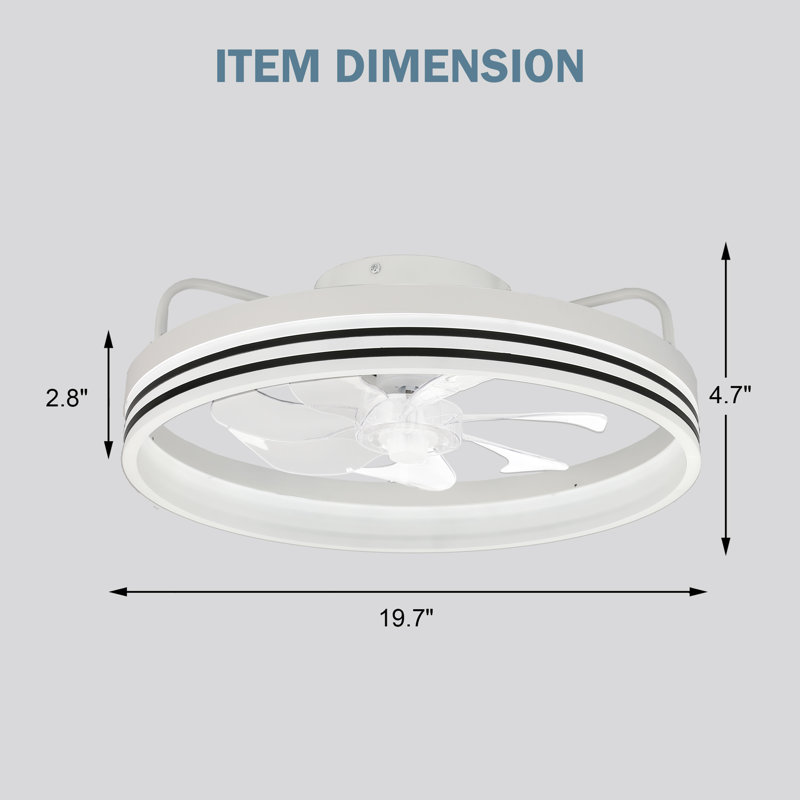 Ventilateur de plafond encastré blanc moderne de 20 po avec lumière DEL et télécommande, commande APP, ventilateur réversible à 6 vitesses pour la chambre à coucher