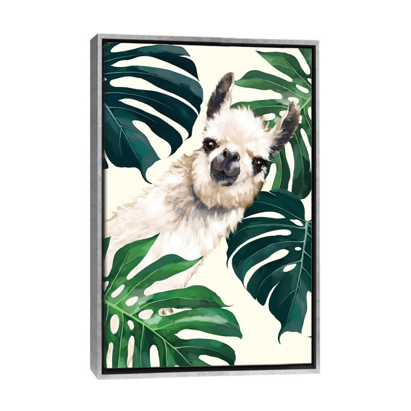 Lama sournois avec art Monstera, H 40 po x l 26 po x P 1,5 po, Toile avec cadre argenté