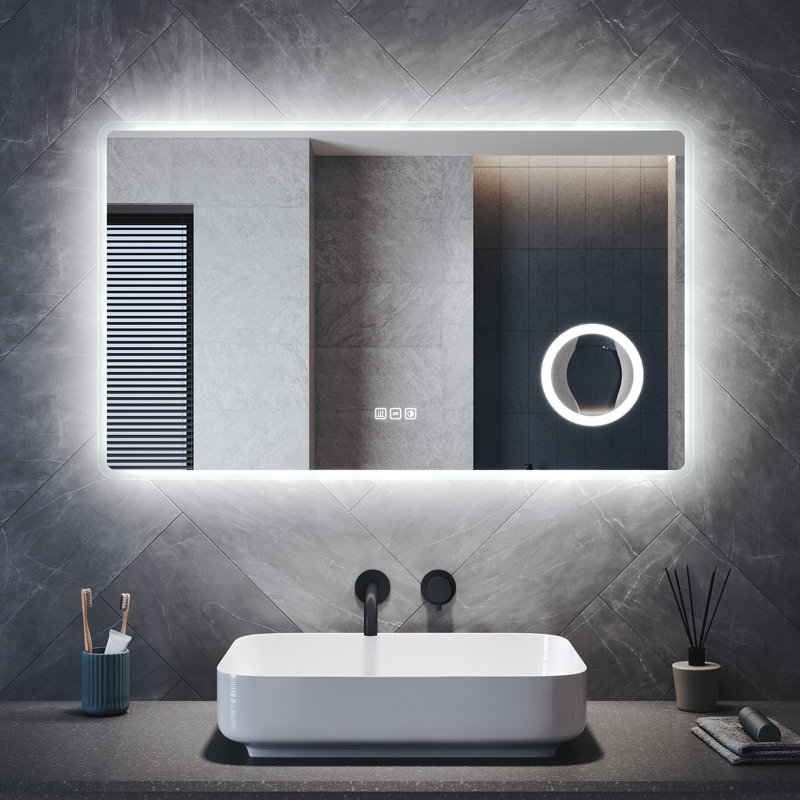 White Aluminium Framed Bathroom Mirror, Full Frosted Edge, Anti-Fog, Magnifier, Touch Dimmable LED &, 1000*600*35