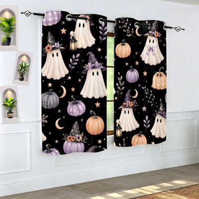 2Pcs Cute Ghost and Pumpkin Halloween Blackout Curtains, Black background with playful ghosts, pumpkins, stars, perfect for Living Room, Bedroom, Easter decorations, Holiday decor, Home