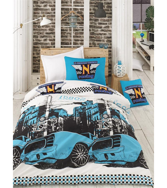Ensemble de housse de couette double 100% coton Ranforce, turquoise, blanc et noir, housse de couette 78,7 po x 86,6 po, drap plat 86,6 po x 94,5 po, 2 taies d'oreiller 19,7 po x 27,6 po | 140 fils, lavable à la machine, fermeture à boutons