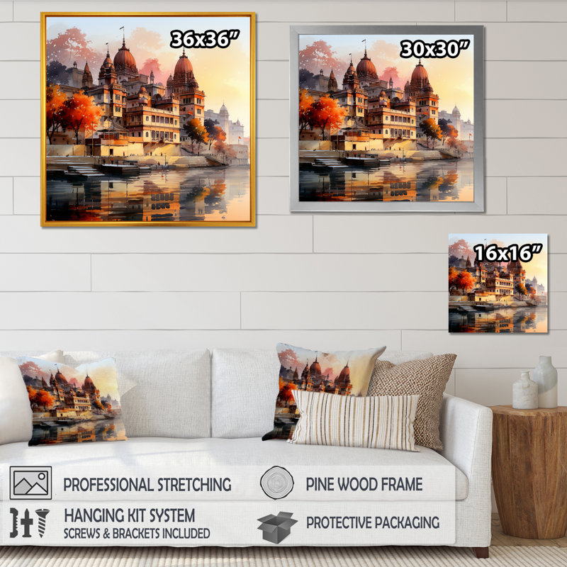 Indian Art Ganges At Dawn 1 - Art mural indien, H 36 po x l 36 po x P 1,5 po, Cadre flottant doré