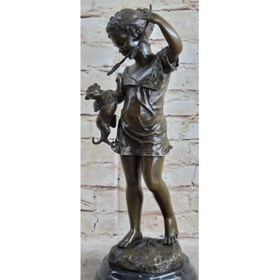 Young Girl Child Holding Kitten Cat - Bronze Sculpture Vintage Reproduction Art