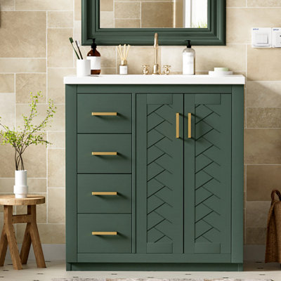 Ensemble de meuble-lavabo 30 po avec lavabo en céramique, armoire de rangement en bois massif, ensemble de meuble-lavabo autoportant avec 3 tiroirs et portes à fermeture douce
