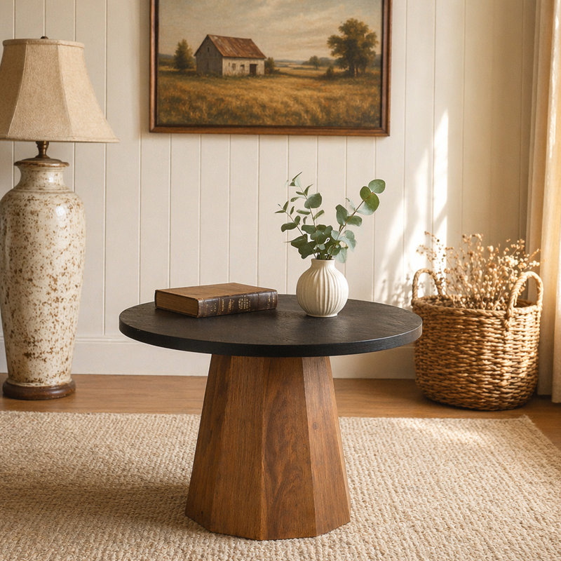 Table basse ronde en bois à piédestal robuste pour salon facile à assembler, H 16,73 po x l 23,62 po x P 23,62 po