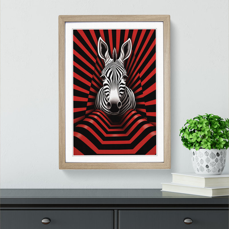 Zebra Op No.2 - Single Picture Frame Print on Wood, 64cm H x 46cm W x 2cm D, Oak