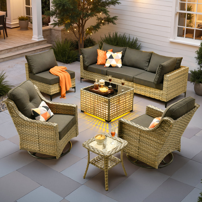 Emroy 6 - Person Reversible Modular Outdoor Conversation Set,Wicker Patio Seating Group with Lighted Coffee Table, All Weather Swivel Chair Set with Cushions
