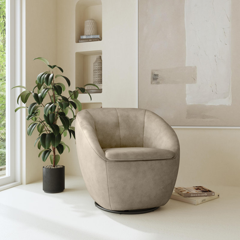 Mechtildis Upholstered Swivel Barrel Chair, Beige Leather Match
