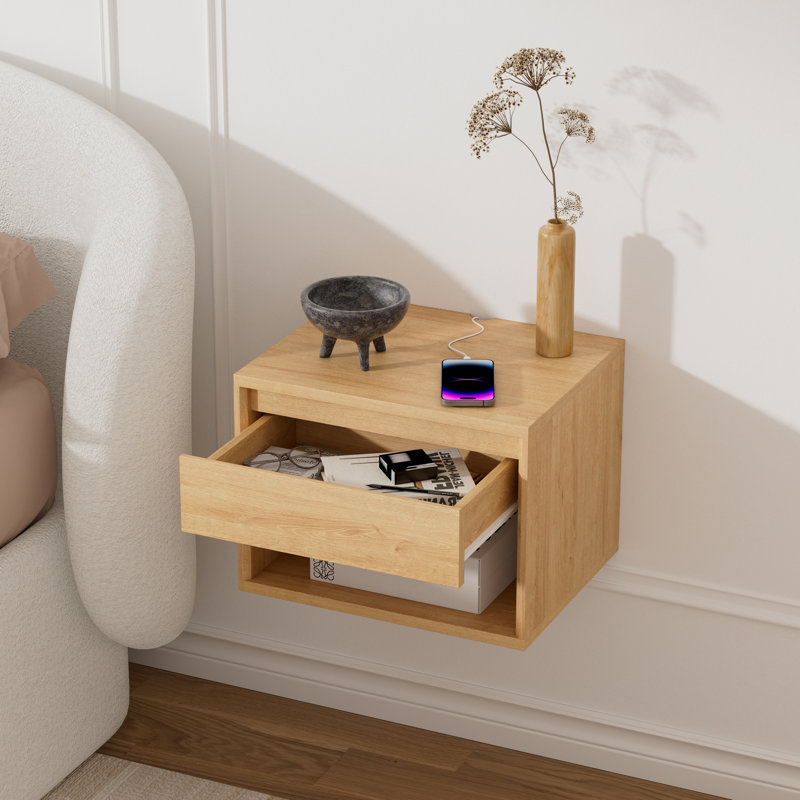 Modern Floating Nightstand With Drawer & Open Shelf, Individual, Light Oak