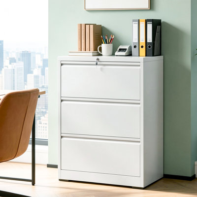 Abheek 40"H 3 Drawer White Metal Lateral Filing Cabinets with Lock for A4 Letter Legal Files, Assembly Required