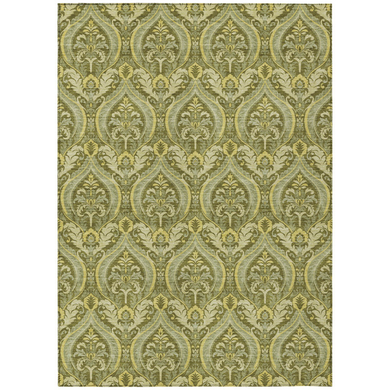 3' X 5' Green Damask Washable Non Skid Indoor Outdoor Area Rug