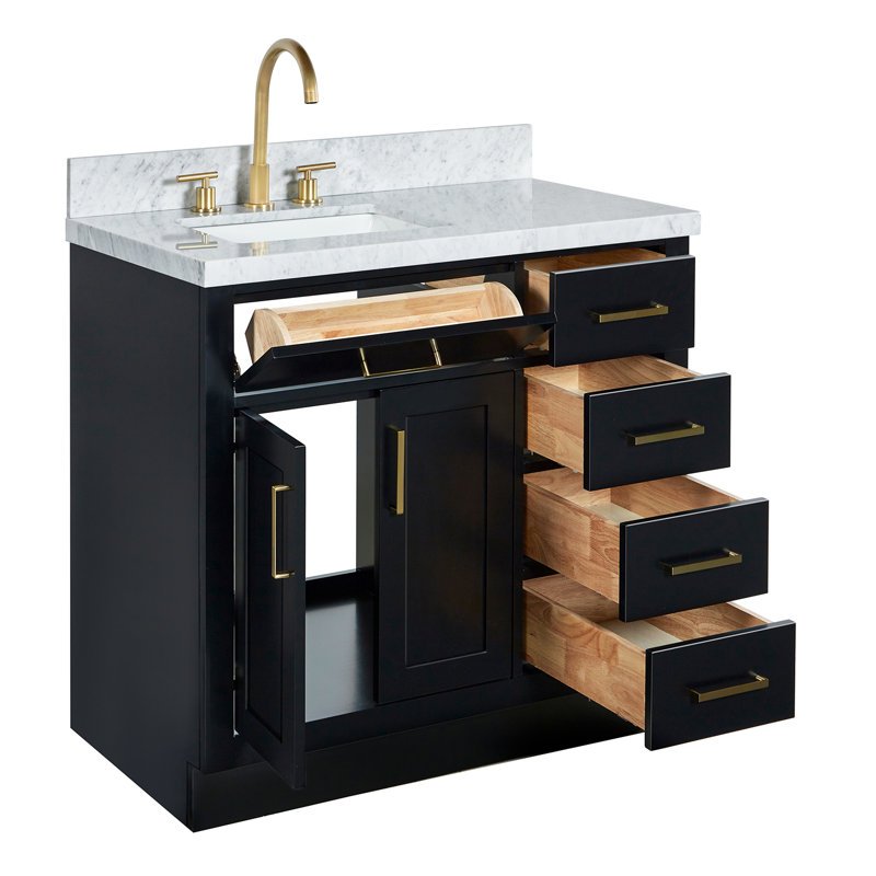 ARIEL HEPBURN 37 IN RIGHT OFFSET RECTANGULAR SINK VANITY 1,5 IN, Black/Brass, Left, Rectangular