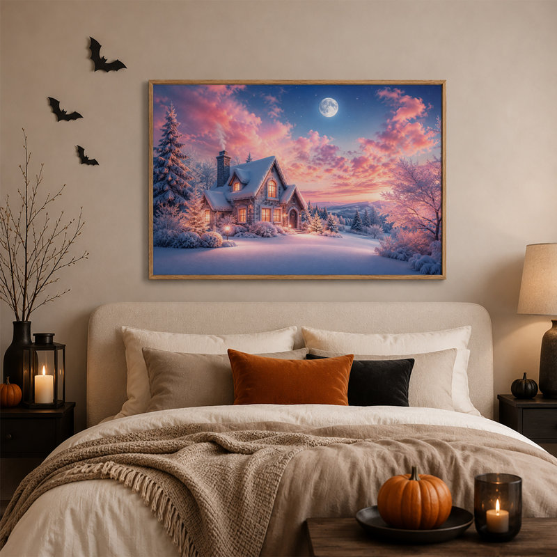 Maison en pierre enneigée sous la pleine lune - Toile murale d'Halloween, H 36 po x l 48 po