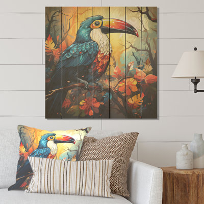 Toucans tropicaux bleus et jaunes II - animal toucan sur bois
