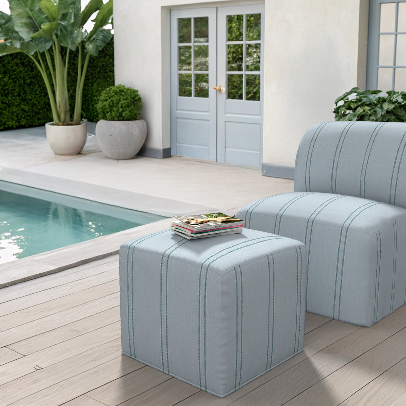 Eliana 18" Sunbrella® Patio Ottoman, Sunbrella Wayward Sky, 18"H x 18"W x 18"D