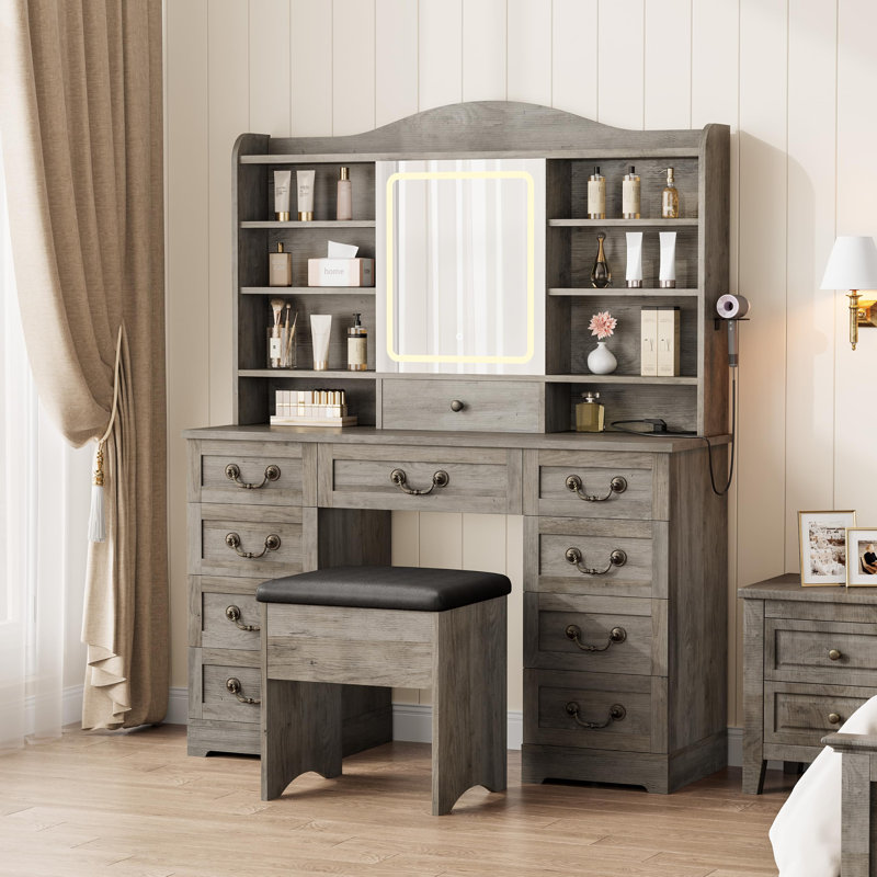 Coiffeuse de 120 cm avec miroir, éclairage, prise électrique, 10 tiroirs, étagères de rangement et tabouret, pour chambre à coucher