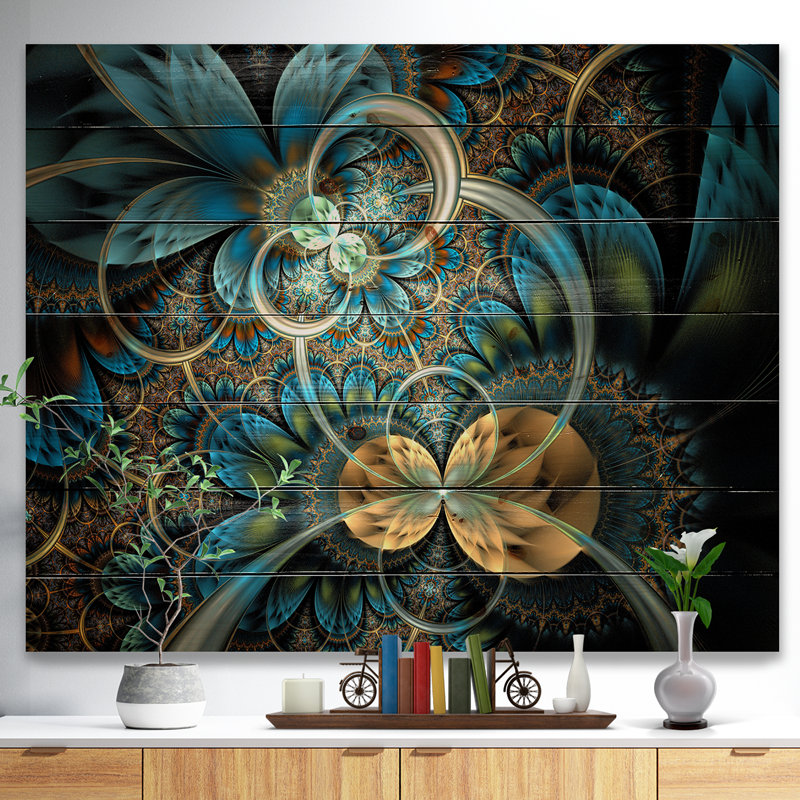 «Symmetric Blue Gold Fractal Flower», impression, H 36 po x l 46 po x P 0,78 po, Bois