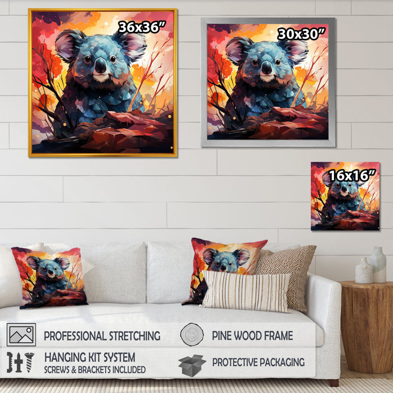 Koala Fiery Sunset I - Koala Animal, art mural, Cadre photo noir, H 30 po x l 30 po x P 1,5 po
