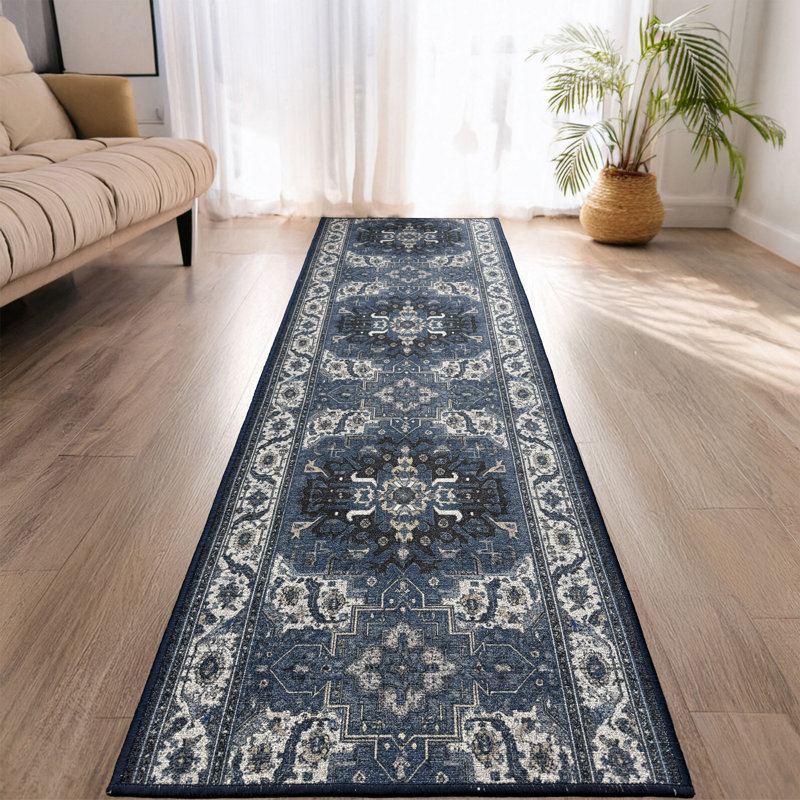 Antiq Blue Medallion Design Anti-Slip Carpet Runner, Runner 2'2" x 3'