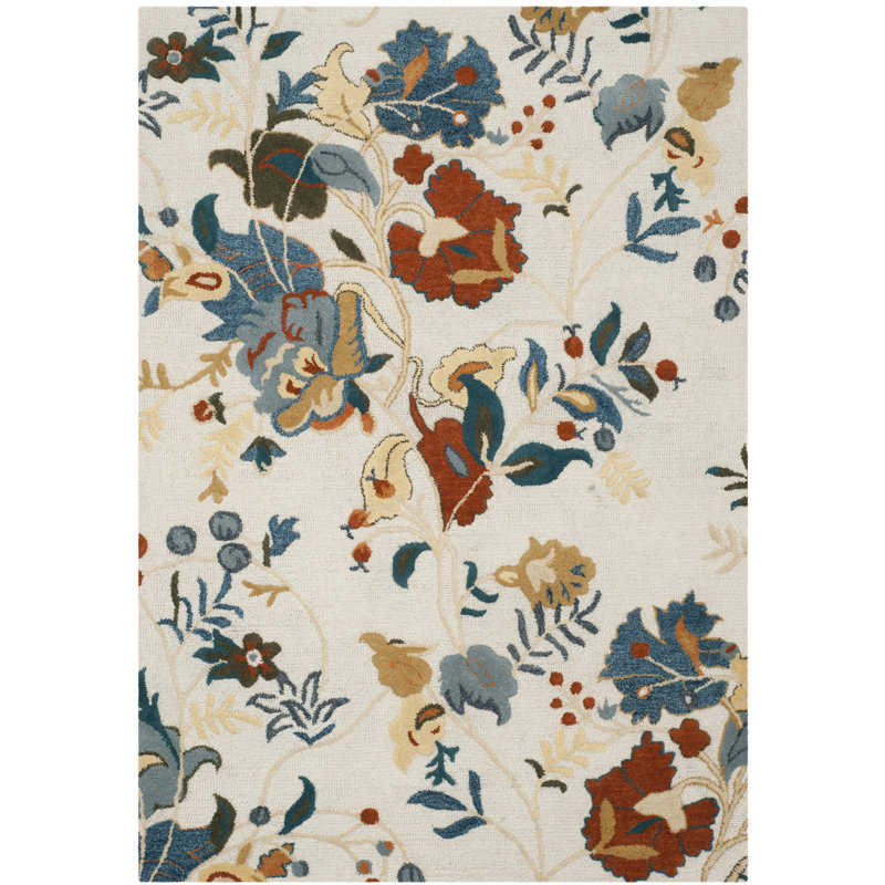 Skelmersdale Hand Tufted Wool/Cotton/Latex Floral Rug in Blue, Rectangle 3' x 5'