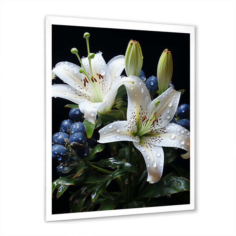 White Green Lily Exquisite Lily Pointillism II - Floral Wall Art Prints, Cadre photo blanc, H 40 po x l 30 po x P 1,5 po