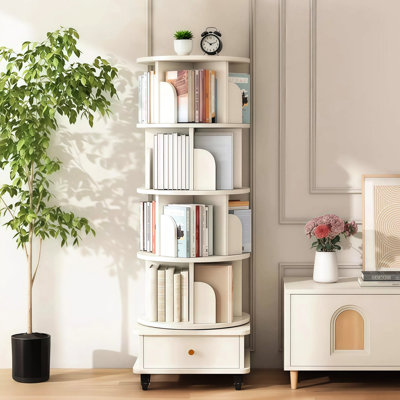360 Display Rotating Bookshelf With Wheels, Drawer And Baffle, Bringing Convenient Storage To Home - Warm White 5 Tier Round Spinning Rotation, Brake Wheels Drawer, Ideal For Small Spaces In Office