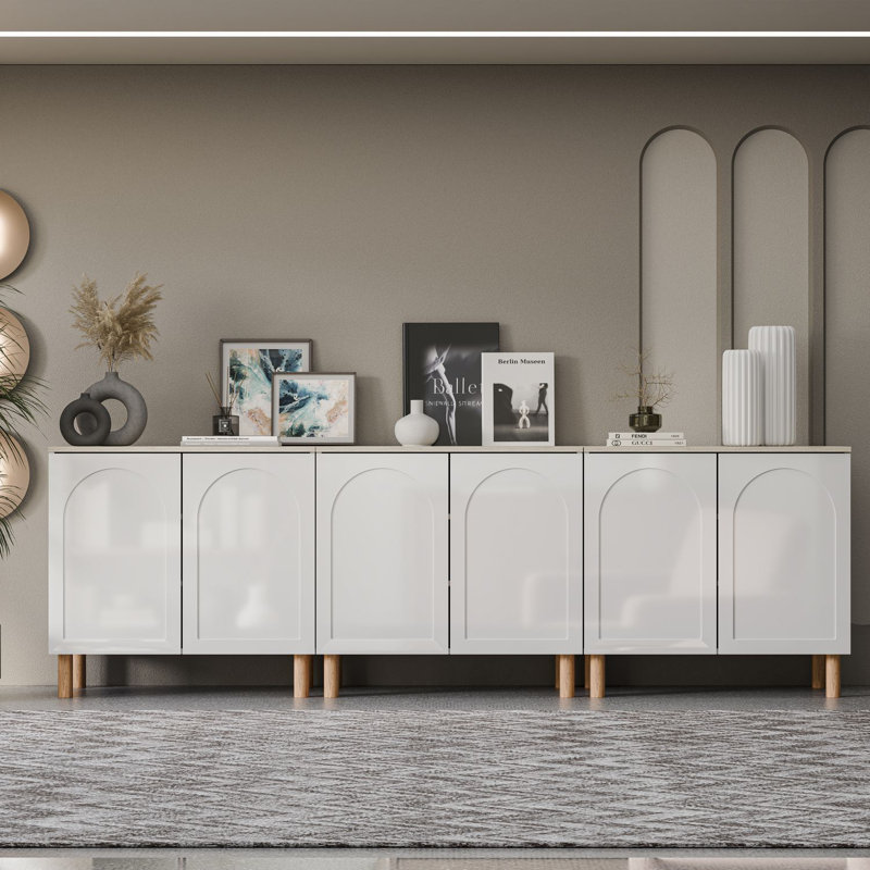 Bohem Sideboard with MDF Doors, White/Traverten, 34" x 105" W x 20" D