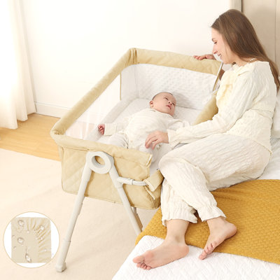 Baby Bassinet, Bassinet Bedside Sleeper For Baby With Waterproof Sheets, 4 Adjustable Height Bedside Bassinets With Wheels, Carry Bag, Khaki