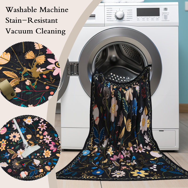 Nature Voja Floral Non-Slip Machine Washable Colorful Modern Area Rug in Black for Living Room, Bedroom, Hallway Runner, Entryway Rugs