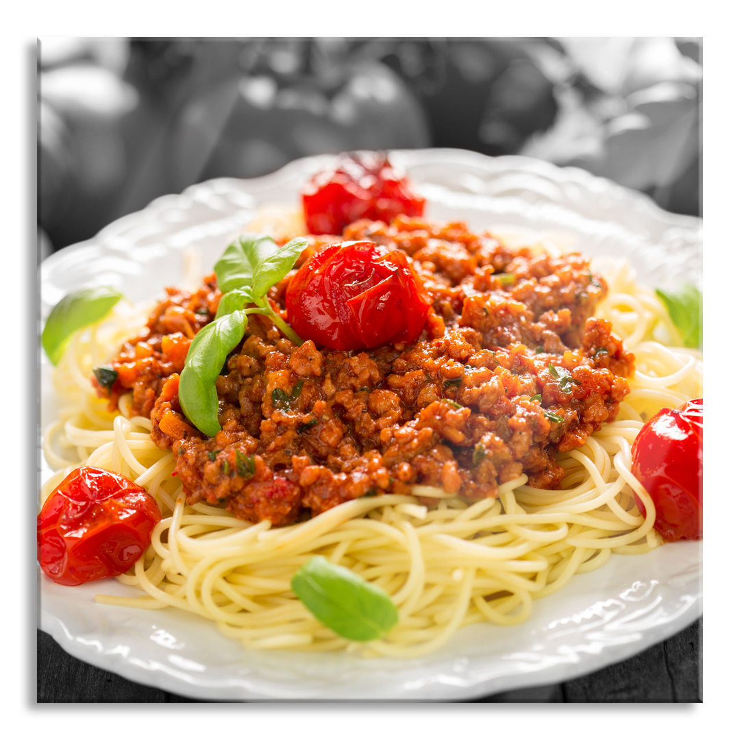 Ungerahmtes Foto auf Glas 'Spaghetti Bolognese auf einem Teller'.