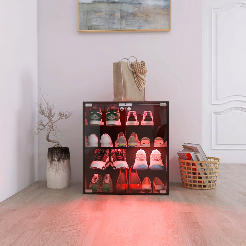 Armoire à chaussures noire 4 couches avec porte en verre et vitrine à chaussures en verre avec contrôle Bluetooth