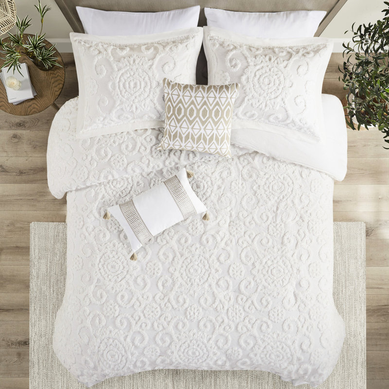 Très grand édredon très grand, 100% coton avec broderie en chenille délicate, rembourré et élégant, comprend 2 taies décoratives, coton, 3 ornements, surdimensionné élégant
