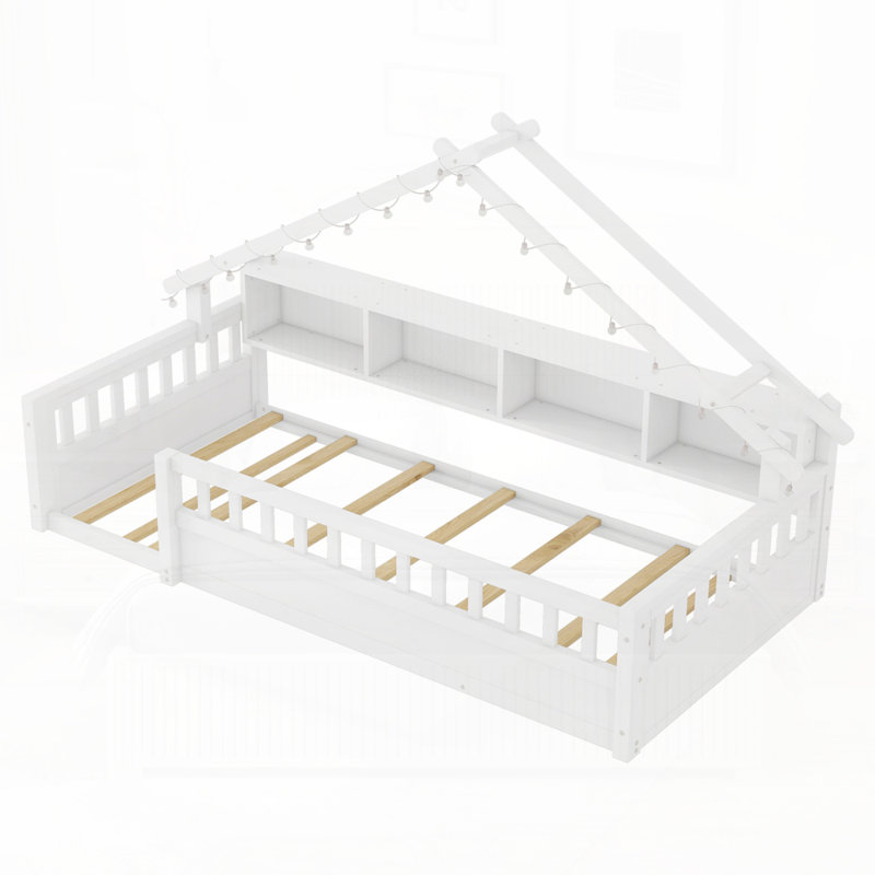 Wood Floor Bed with Storage Bookshelves, White, Twin XL
