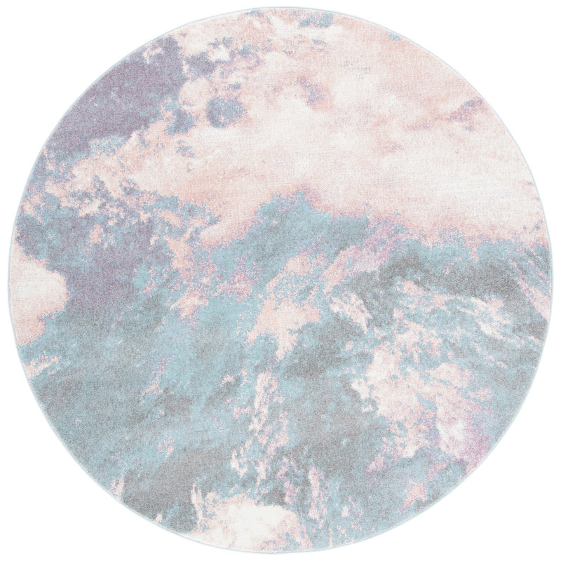 Tapis rose / bleu à motif abstrait Bellflower, Rond 6 pi 7 po
